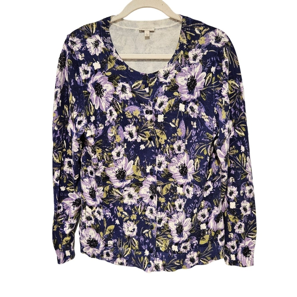 Talbots Woman Size L Floral 100% Cotton Cardigan Colorful Art To Wear Cottagecor
